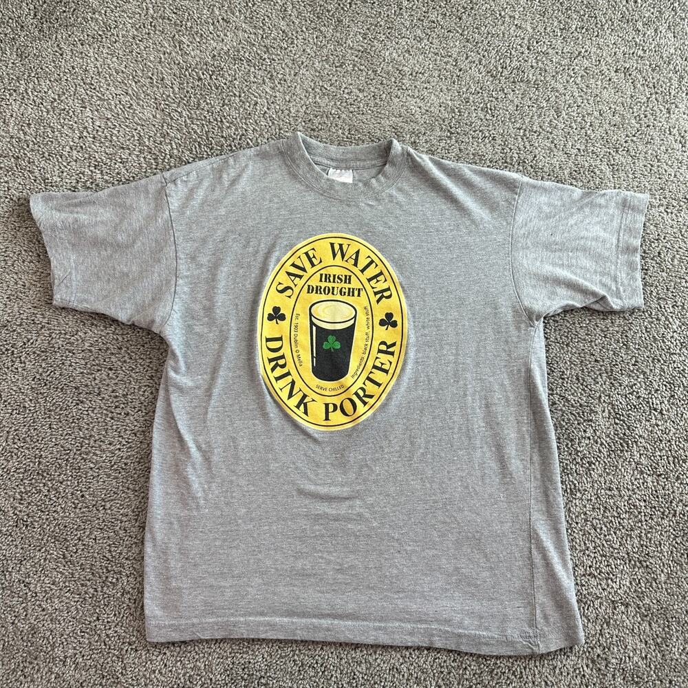 VINTAGE Irish Drought Shirt Mens Large Gray Save Water Drink Porter Casual